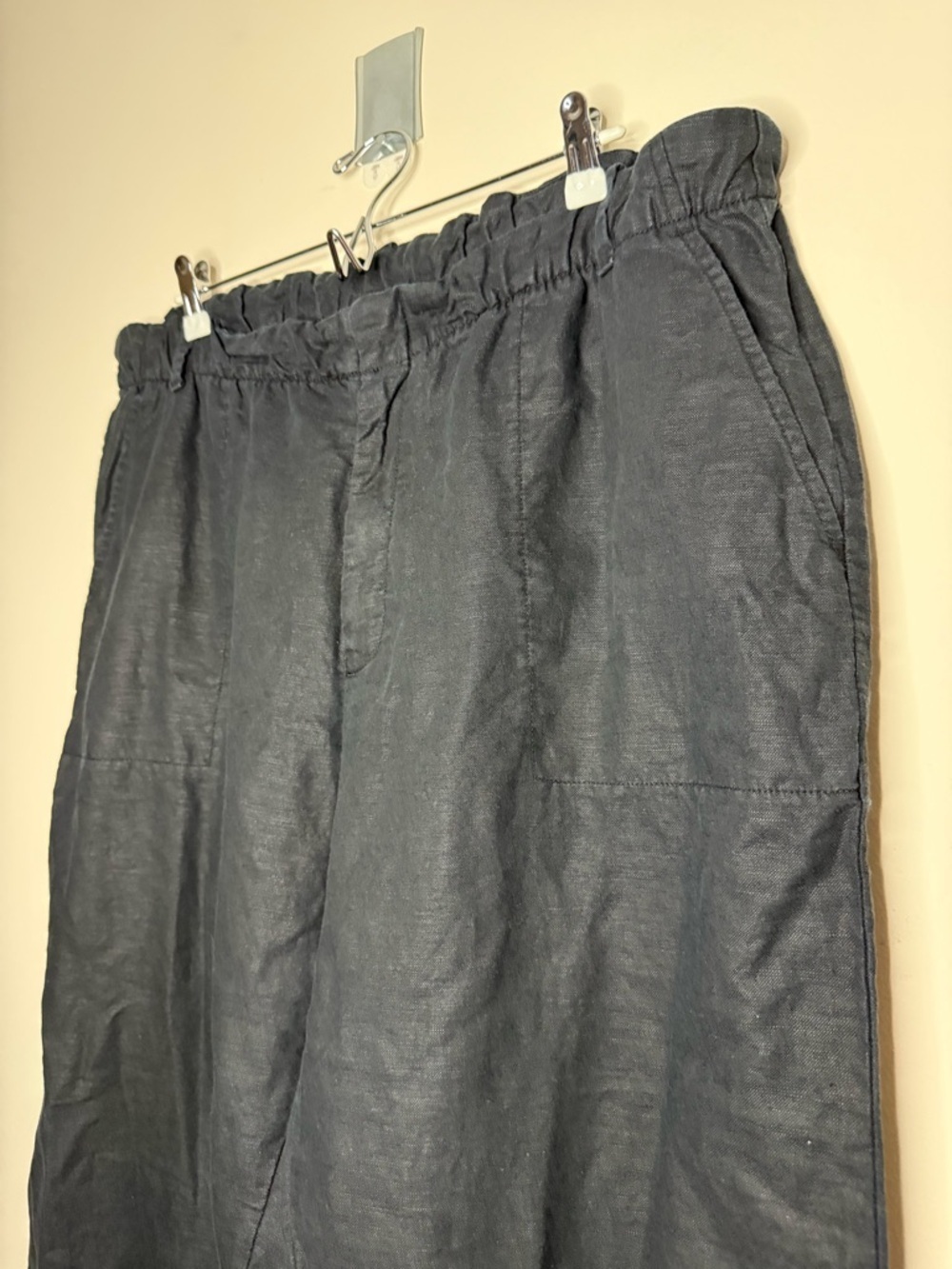 GAP Lagenlook Black Cotton Linen Blend Half Back Elastic Wide Leg Trousers Pants - Picture 2 of 9